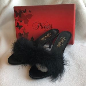 Pleaser Black satin fur heels